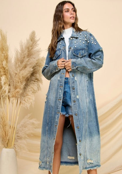 Veveret Pearl Denim Duster Jacket - Large