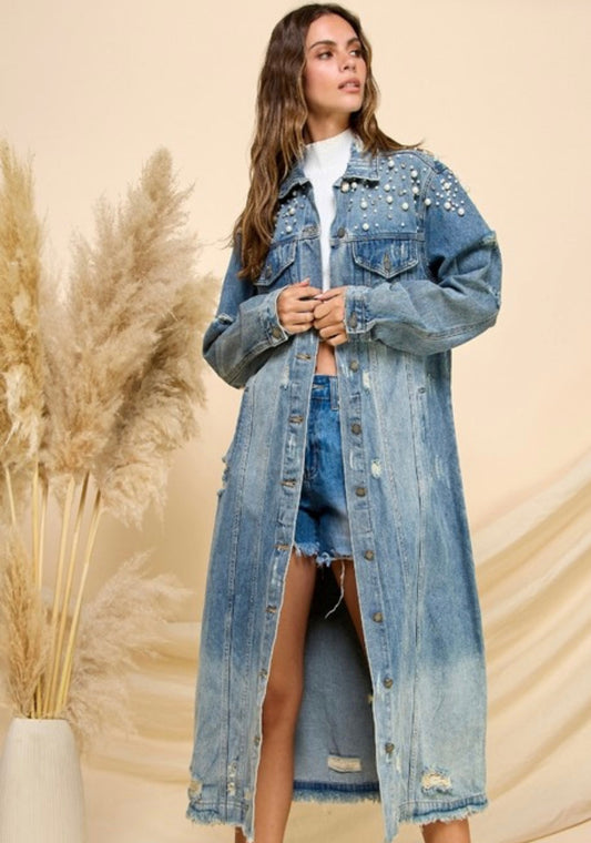 Veveret Pearl Denim Duster Jacket - Large