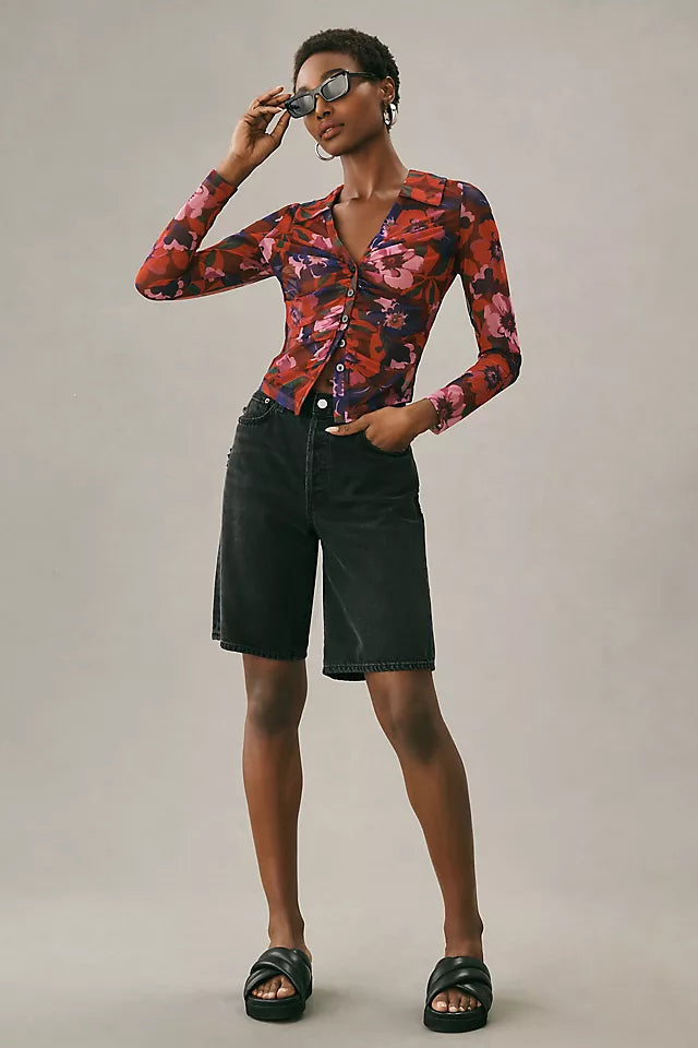 Anthropologie Maeve Floral Ruched Mesh Shirt - Small