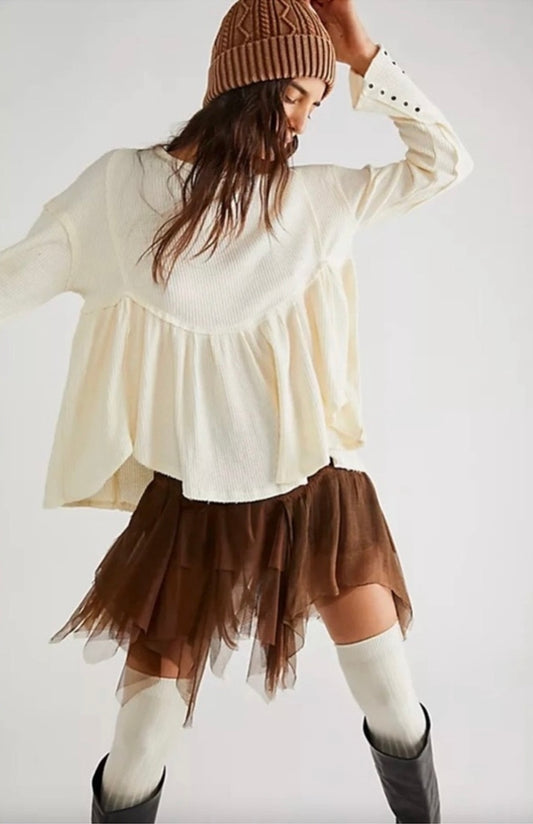 Free People Cream Waffle Knit Babydoll Top - XS