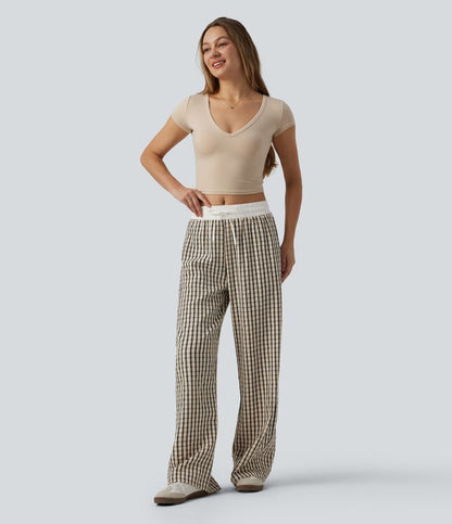 Halara Mid Rise Drawstring Wide Leg Baggy Pants in Oatmeal Khaki Plaid - Large