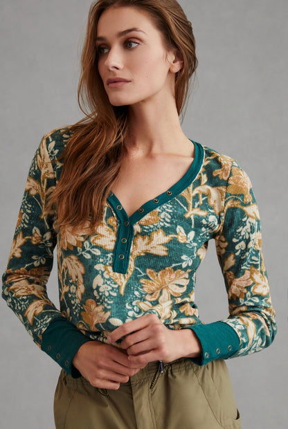Anthropologie Pilcro Green Pattern Waffle Henley Top - Small