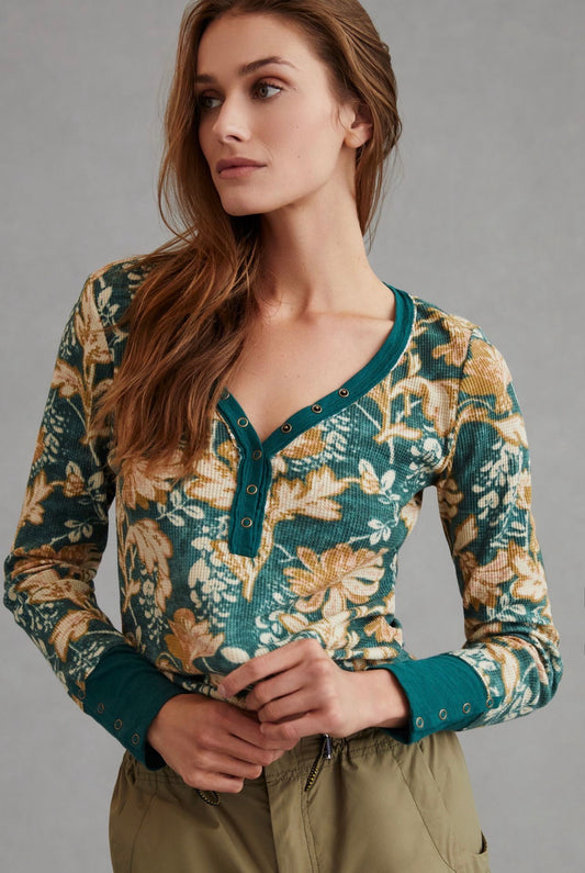 Anthropologie Pilcro Green Pattern Waffle Henley Top - Small