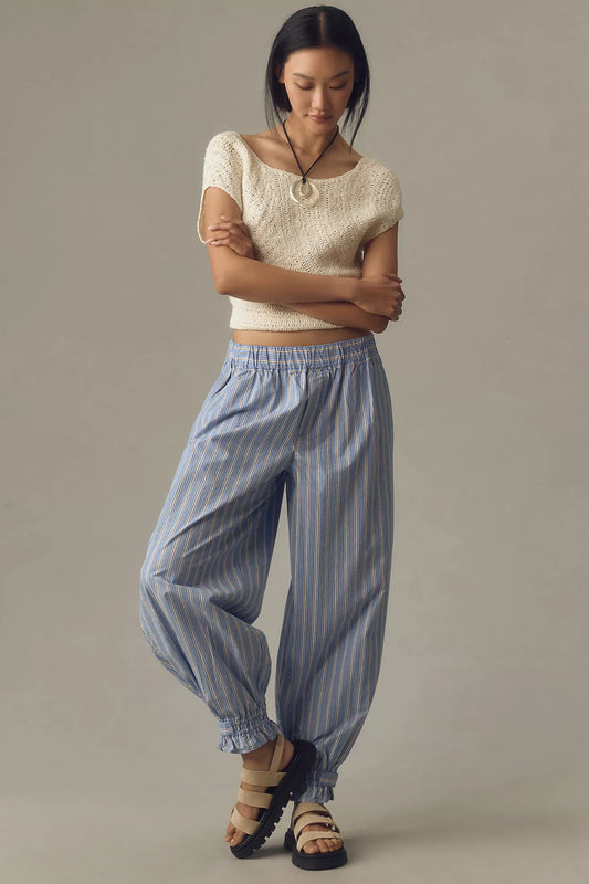 Anthropologie Blue Cotton Stripe Joggers - Large