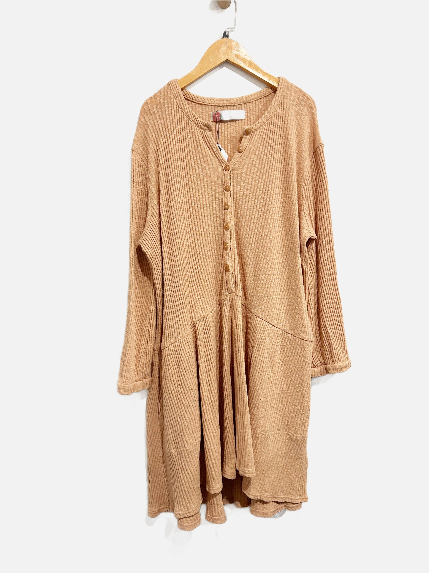 Free People Beach Blossom Button Up Tan Ribbed LS Dress - Medium