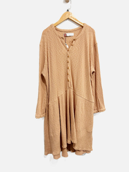 Free People Beach Blossom Button Up Tan Ribbed LS Dress - Medium