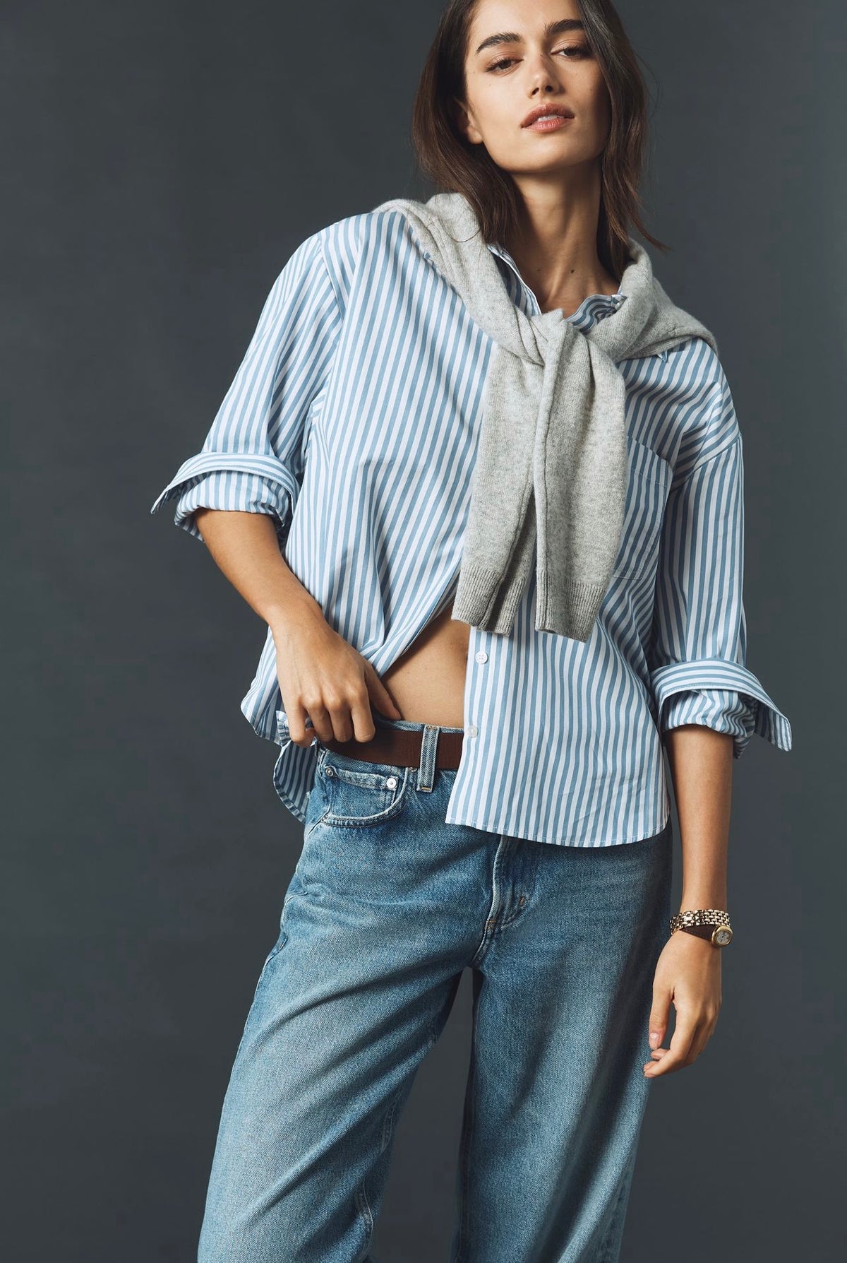 Anthropologie Maeve Shrunken Bennet Buttondown Shirt in Blue Stripe - Small
