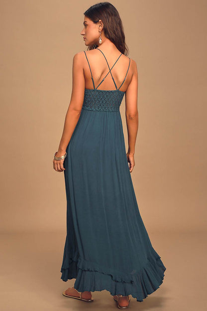 Free People Adella Maxi Slip Dress in Turquoise - Medium