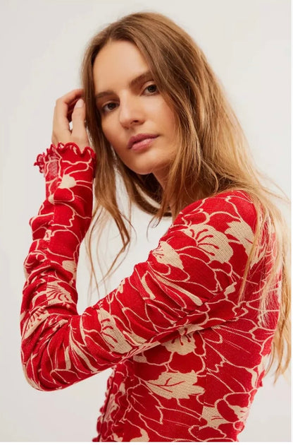 Free People Through the Meadow Red Floral Rushed Top - XS