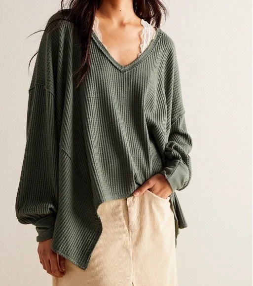 Free People Green Waffle Knit LS Top - XS