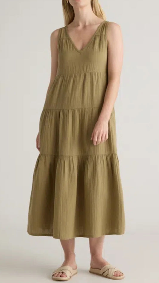 Quince 100% Organic Cotton Gauze Tiered Maxi Dress Artichoke - Large