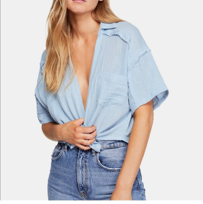 Free People Full of Light Blue Muslin Cotton SS Button Down - Small