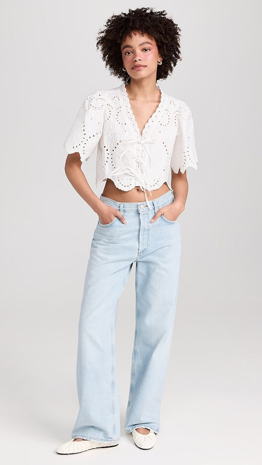 Moon River White Eyelet Tie Front Blouse - Medium