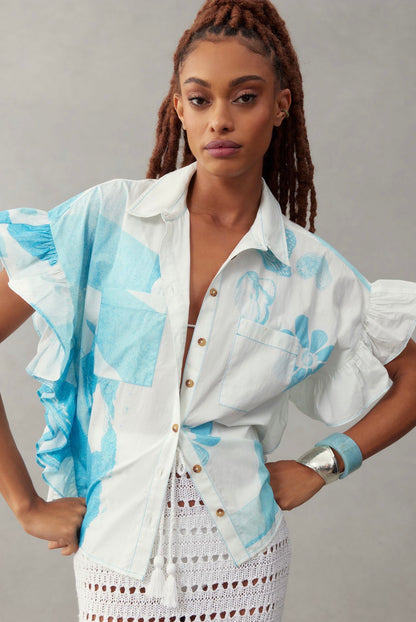 Anthropologie Anne Guest for Pilcro Cyanotype Ruffle-Sleeve Buttondown Blouse in Blue Pattern - Large