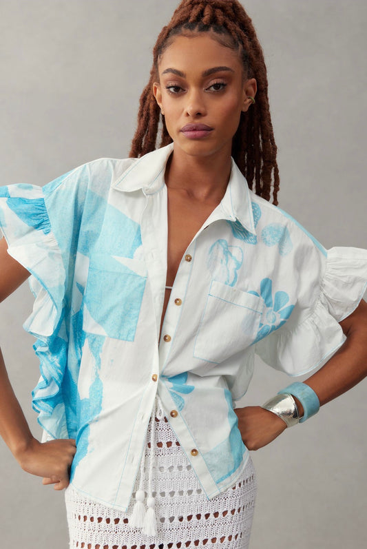 Anthropologie Anne Guest for Pilcro Cyanotype Ruffle-Sleeve Buttondown Blouse in Blue Pattern - Large