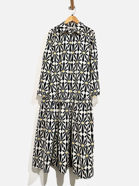 Zara White/Navy/Yellow Printed Midi Dress - Small