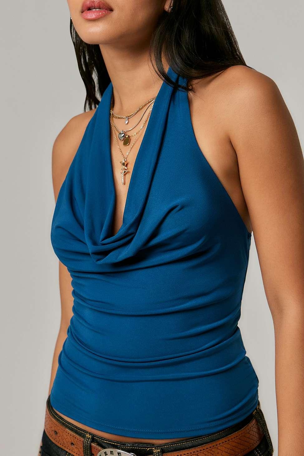 Silence + Noise Coyote Cowl Halter Top in Blue - Large