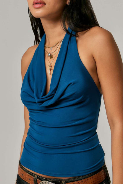 Silence + Noise Coyote Cowl Halter Top in Blue - Large