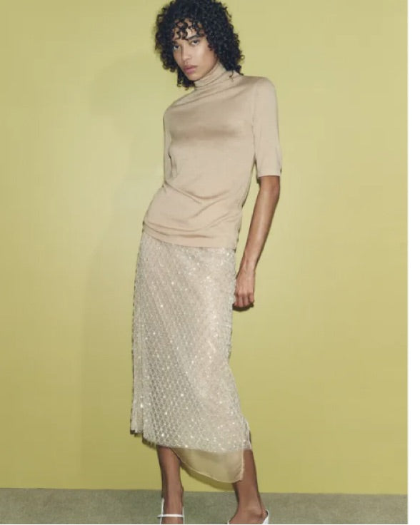 Zara Beige Sequin Beaded Midi Skirt - Medium
