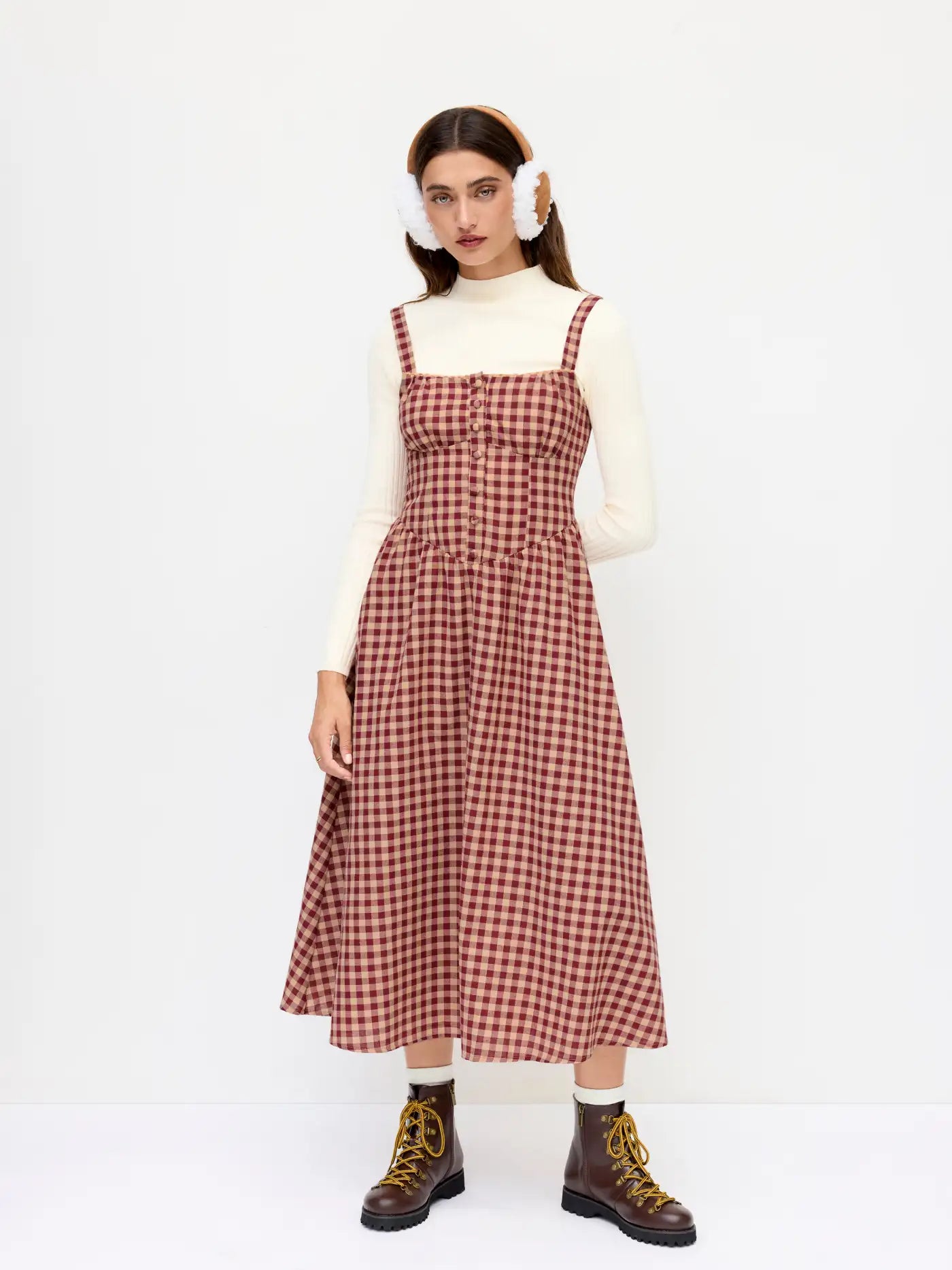 Cider Square Neck Gingham Dress in Wine - Large
