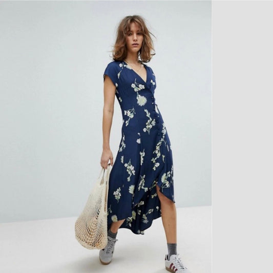 Free People Lost in You Blue Floral Button Maxi Dress - Small