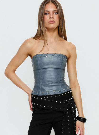 NWT Princess Polly Pammie Faux Leather Strapless Top in Blue - 2