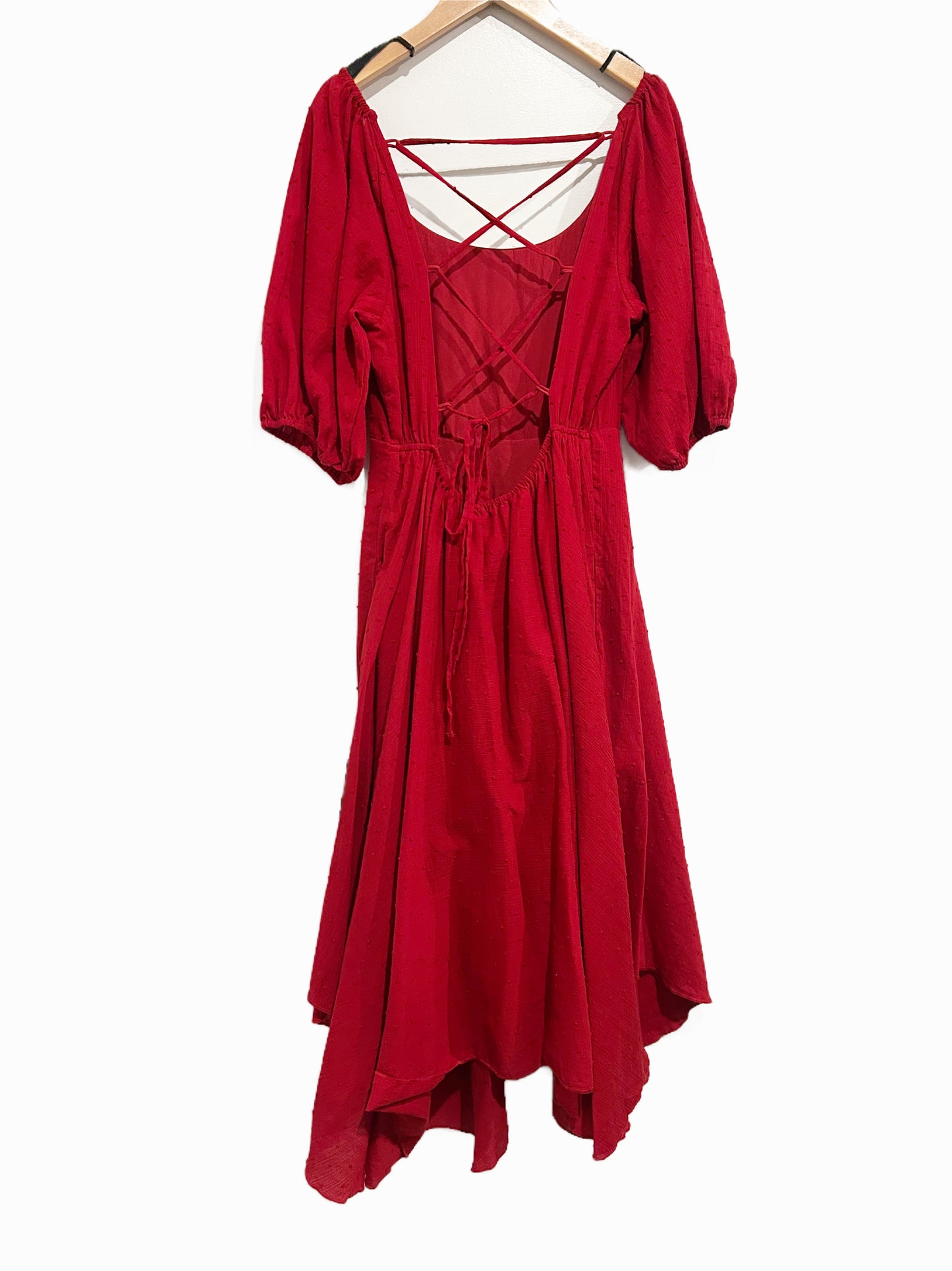 Lulus Completely Smitten Red Swiss Dot Lace-Up Puff Sleeve Midi Dress - Small