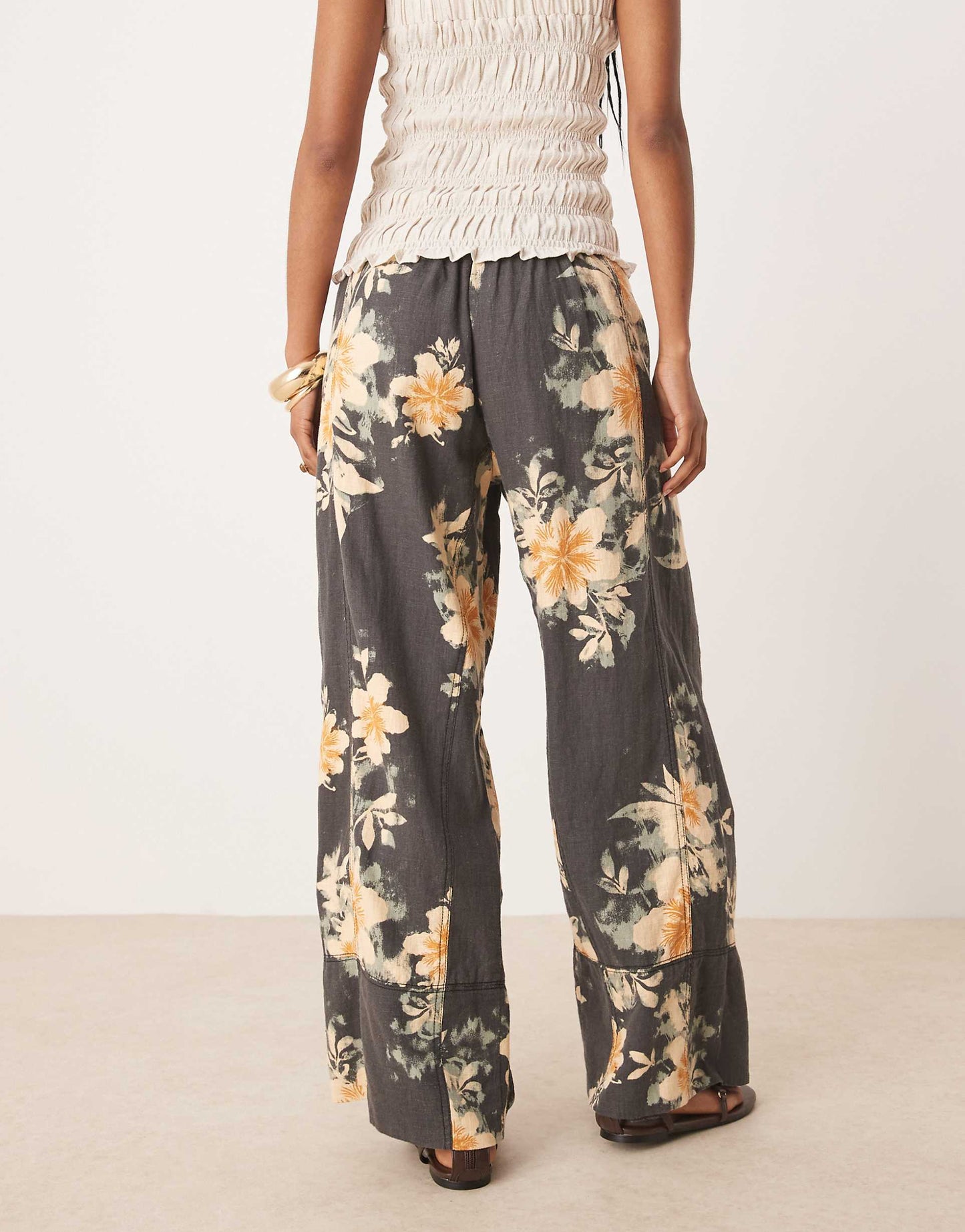 Free People Days End Printed Linen Blend Pant in Washed Black Combo - Small