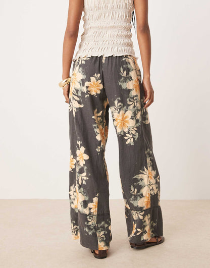 Free People Days End Printed Linen Blend Pant in Washed Black Combo - Small