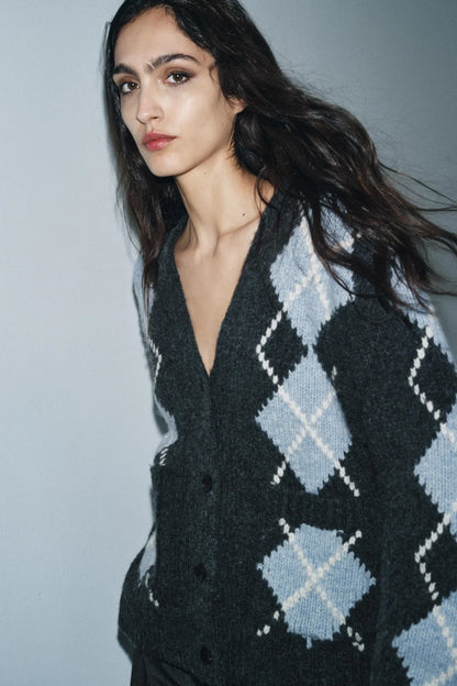 Zara Gray Wool Argyle Cardigan - Small