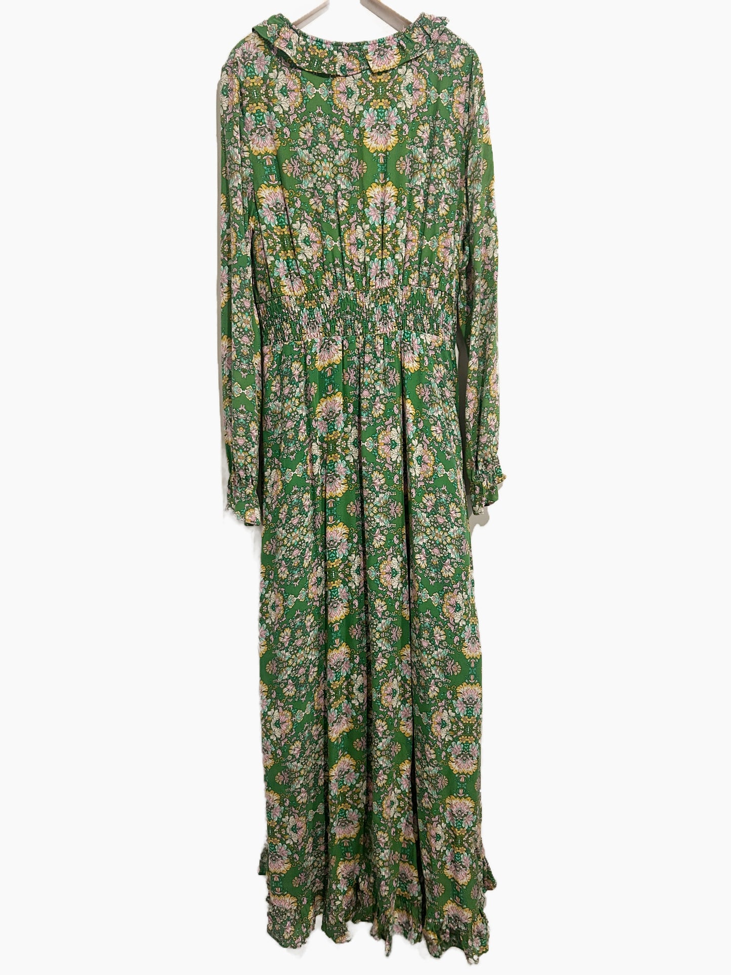 Anthropologie Green Floral Ruffle Maxi Dress - Small