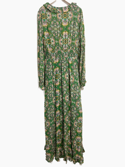 Anthropologie Green Floral Ruffle Maxi Dress - Small