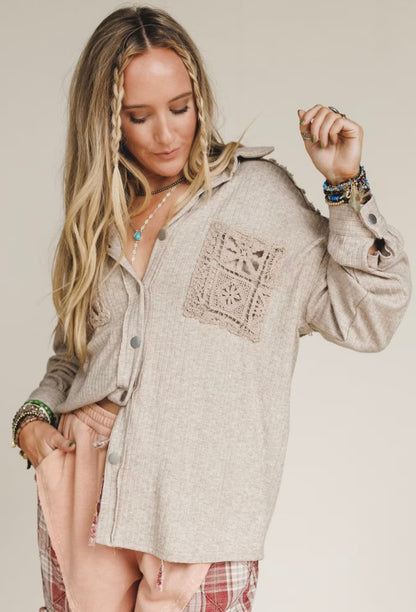 Davi & Dani Brown Crochet Insert Shacket - Large