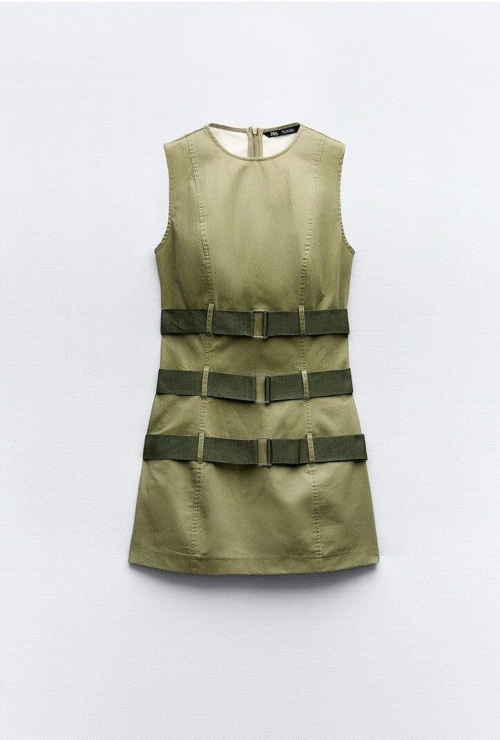 Zara Green Belted Waxed Mini Dress - Large