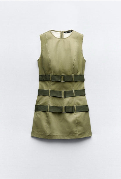 Zara Green Belted Waxed Mini Dress - Large