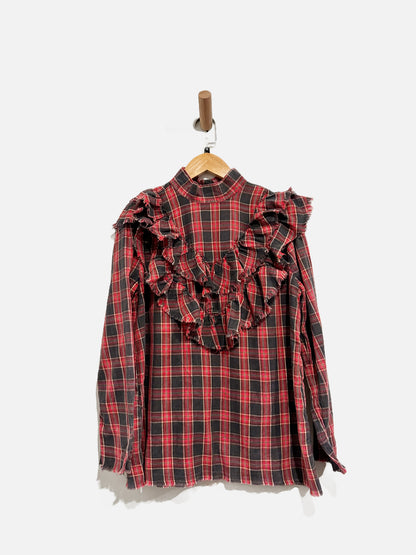 Zara Woman Red and Black Plaid Ruffle Flannel - XS