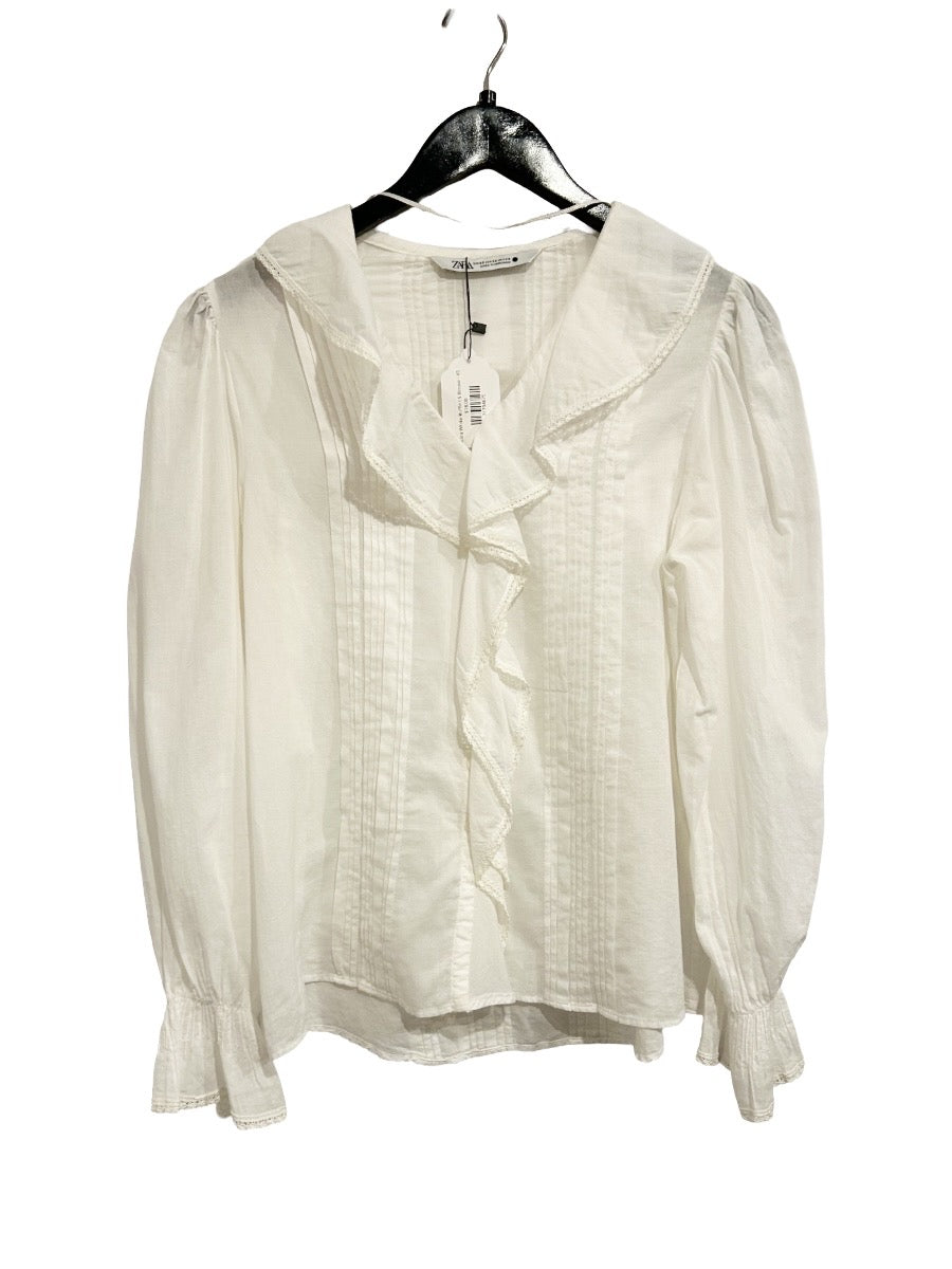 Zara White Ruffle Long Sleeve Blouse - XS