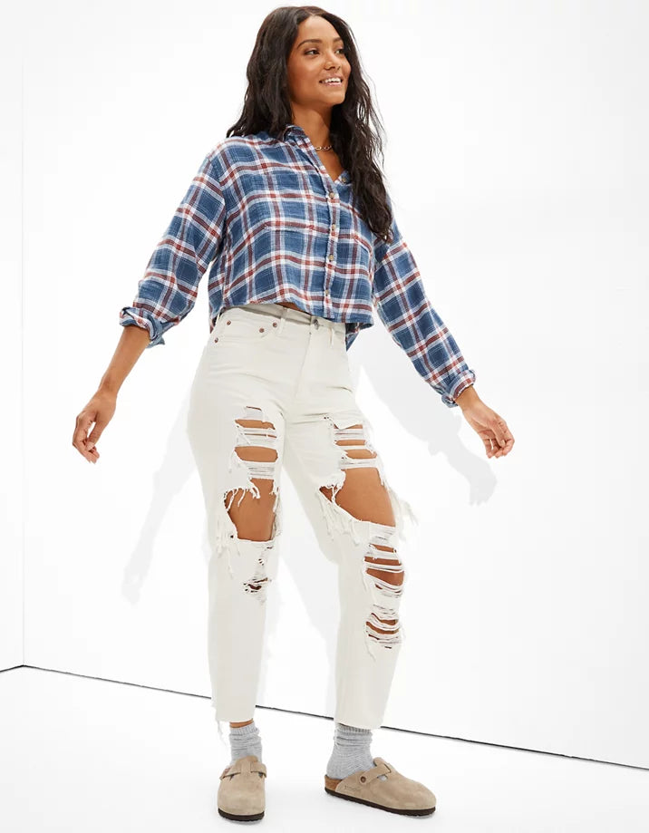 American Eagle Cozy Cabin Cropped Flannel in Blue - Small