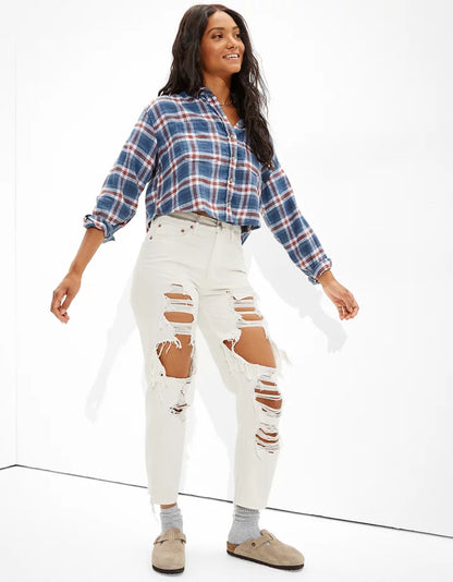 American Eagle Cozy Cabin Cropped Flannel in Blue - Small