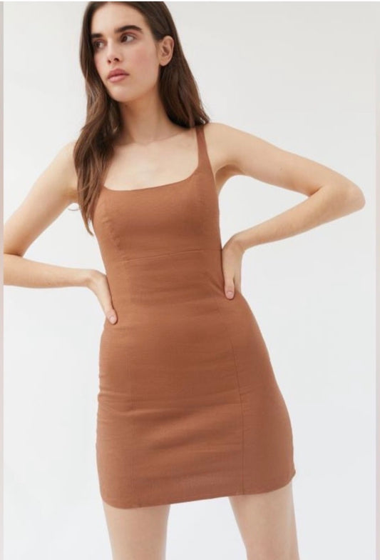 Urban Outfitters Brown Linen Square Neck Mini Dress - Medium