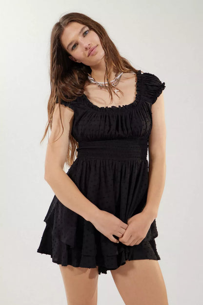 Urban Outfitters Rosie Smocked Tiered Ruffle Romper in Black - Large