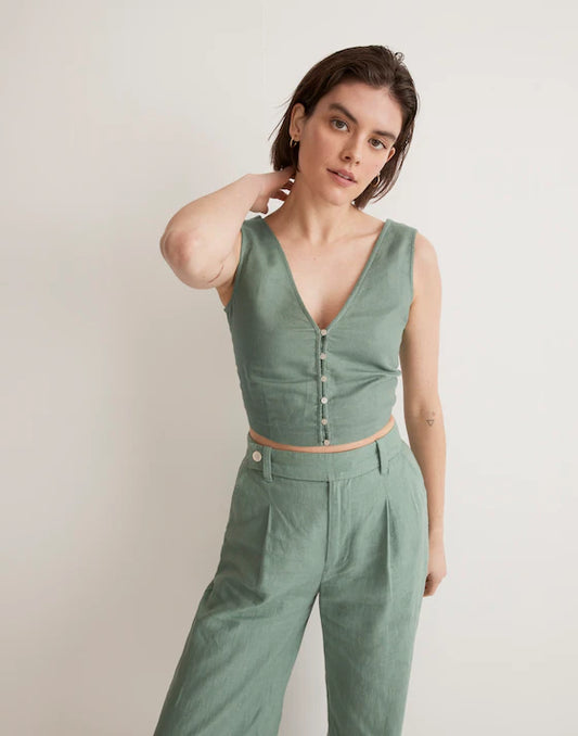 Madewell Linen Gwen Crop Vest Top in Trellis Green - 0