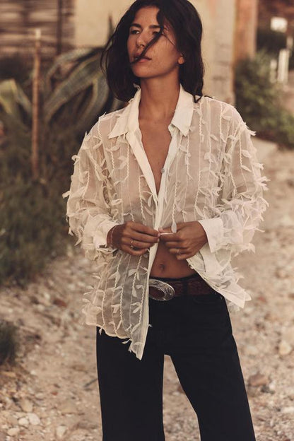 Zara Cream Sheer Ruffle Button Down - Small