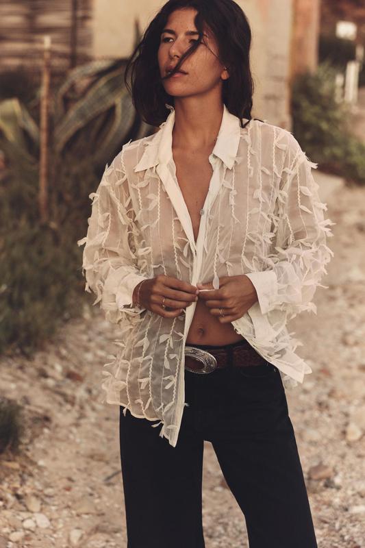 Zara Cream Sheer Ruffle Button Down - Small