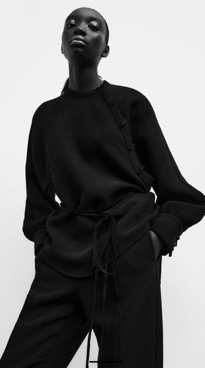 Zara Black Tie Long Sleeve Blouse - Large