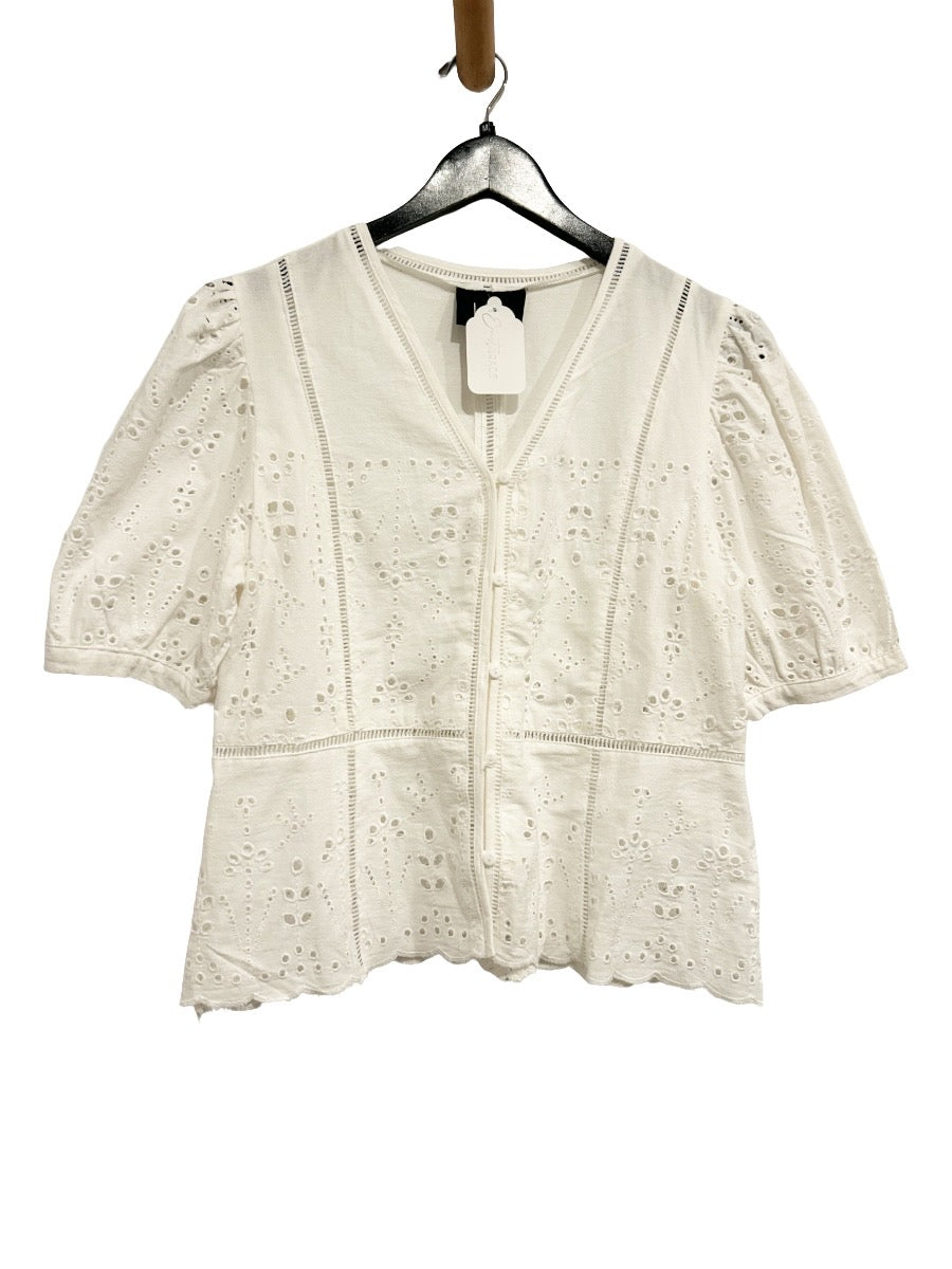 Liv Los Angeles White Floral Pattern Eyelet Blouse - Medium