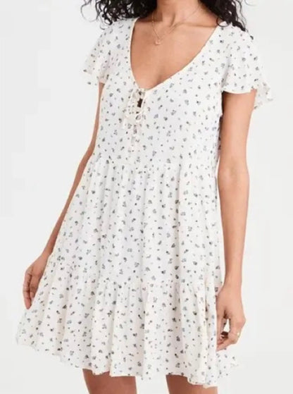American Eagle White w/Blue Flowers Mini Dress - XS