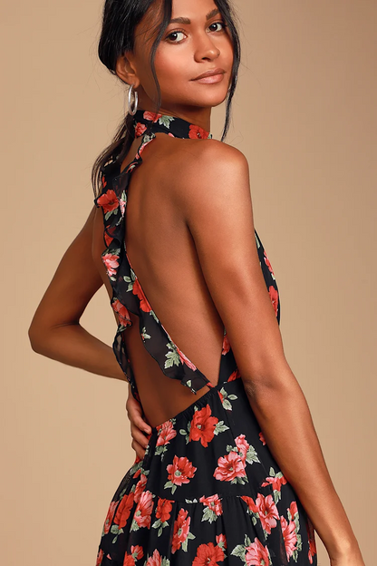 Lulus Black Floral Halter Midi Dress - Medium