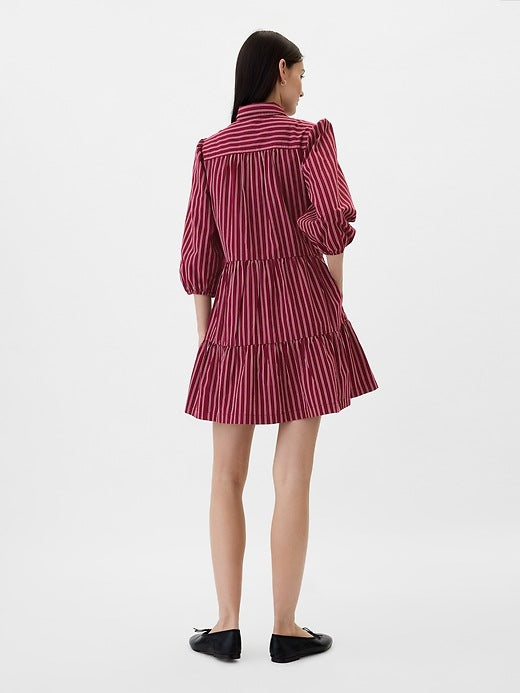 Gap Tiered Poplin Puff Sleeve Mini Dress in Burgundy Stripe - Large