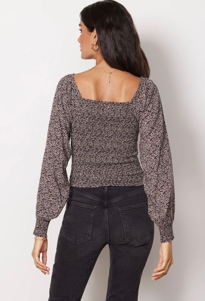Faherty Gray and Cream Leaf Smocked Blouse - Small